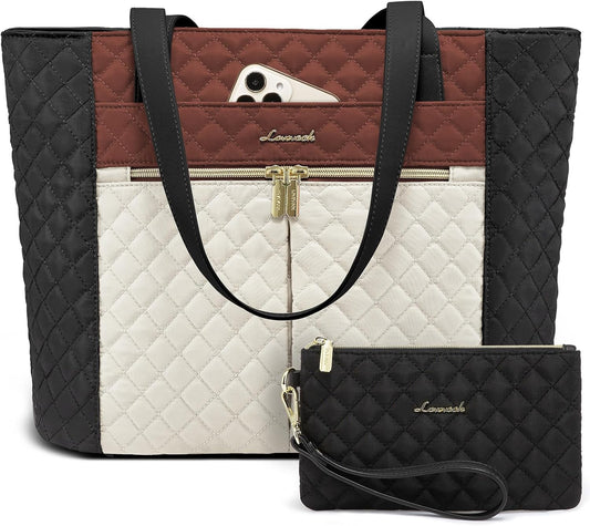 LOVEVOOK Laptop Bag for Women 15.6 inch,Diamond Quilted Work Tote Bags Womens Laptop Computer Shoulder Bags,Stylish Travel Tote Bags Laptop Purse Briefcase Handbag with Clutch Purse,Brown-Black-White