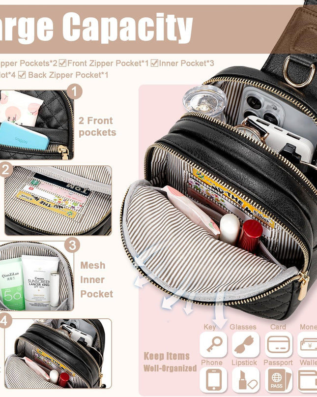 Weitars Small Sling Bag for Women Leather Crossbody Bags Fanny Packs for Women Belt Bag Fashion Waist Packs Chest Bag for Travel Sport (Black)