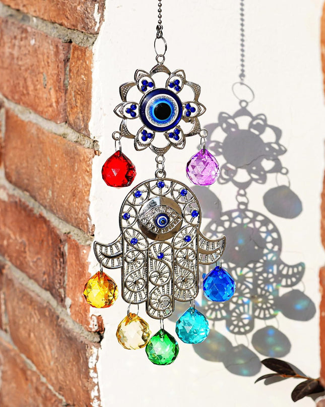 Hamsa Hand with Blue Evil Eye Protection Hanging Crystal Ornament with Chakra Energy Crystal Balls