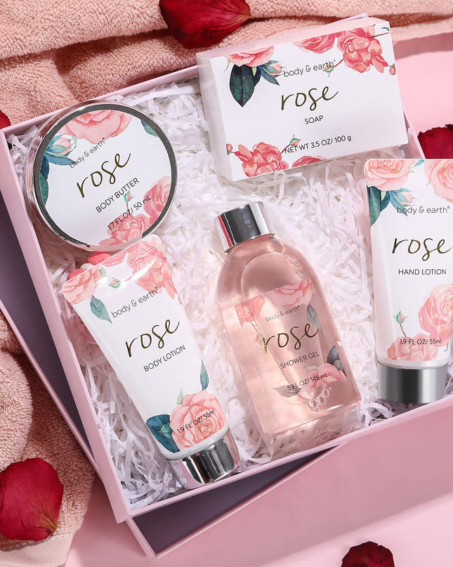 Bath and Body Gift Set for Women, Body & Earth 5 Pcs Rose Spa Set Gifts for Women, Self Care Kit, Lotion Sets for Women ,Christmas Gifts for Women