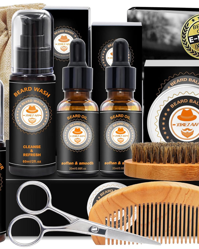 Upgraded Beard Grooming Kit w/Beard Conditioner,Beard Oil,Beard Balm,Beard Brush,Beard Wash,Beard Comb,Beard Scissor,Bag,E-Book,Beard Care Daddy Gifts for Men Him Dad Husband Boyfriend
