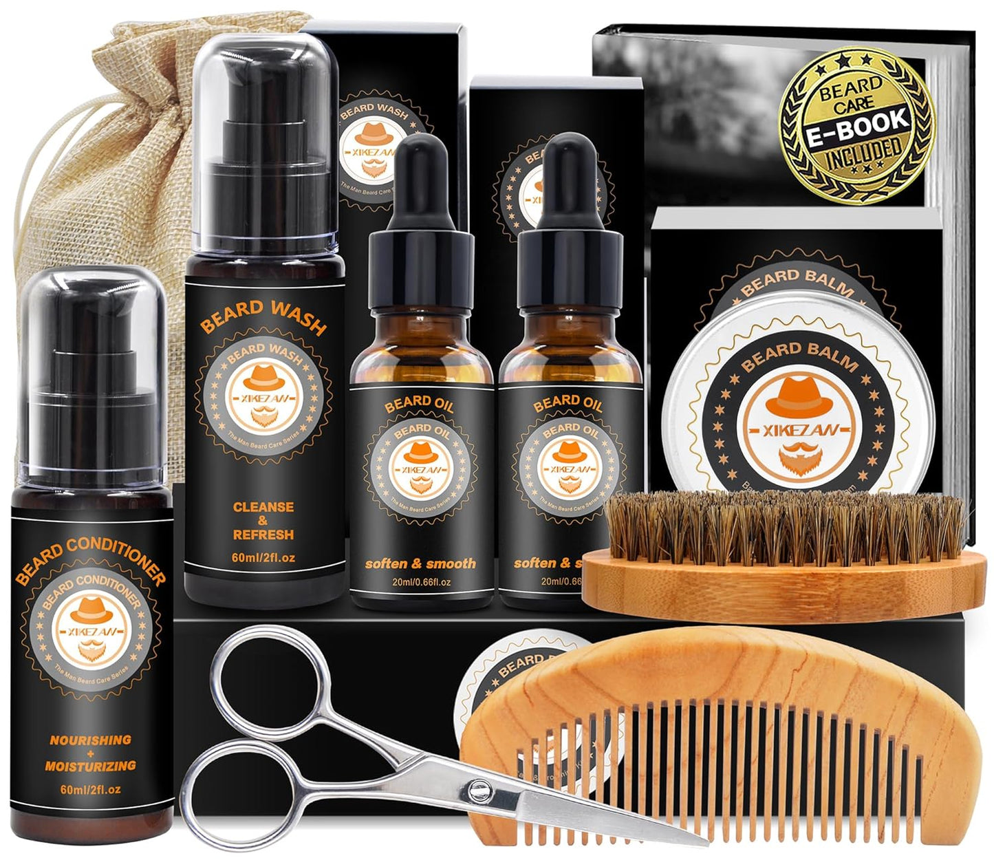 Upgraded Beard Grooming Kit w/Beard Conditioner,Beard Oil,Beard Balm,Beard Brush,Beard Wash,Beard Comb,Beard Scissor,Bag,E-Book,Beard Care Daddy Gifts for Men Him Dad Husband Boyfriend