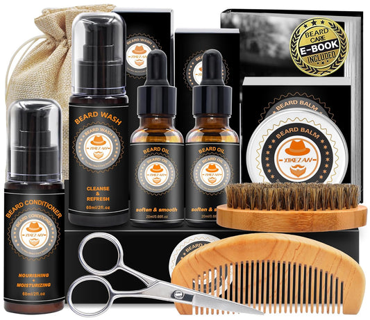 Upgraded Beard Grooming Kit w/Beard Conditioner,Beard Oil,Beard Balm,Beard Brush,Beard Wash,Beard Comb,Beard Scissor,Bag,E-Book,Beard Care Daddy Gifts for Men Him Dad Husband Boyfriend