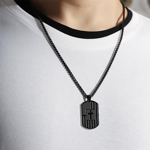 Dog Tag Cross Necklace for Men Boys, 24 Inches American Flag Stainless Steel Bible Verse Pendant Chain Religious Patriotic Jewelry