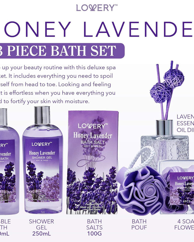 Christmas Gifts, Bath and Body Gift Basket For Women and Men, Honey Lavender Home Spa Set with Essential Oil Diffuser, Soap Flowers, Bath Salts, Bubble Bath and More - 13 Pc Set Presents for Mom