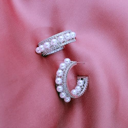 Crystal Oval Hoop Earrings for Women 925 Sterling Silver Post Small Pearl CZ Rhinestone Hoop Earrings for Women Girls