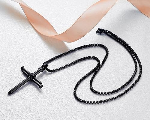 Men's Stainless Steel Nail Cross Pendant Necklace With 24 Inch Chain Polished Black Gold Silver