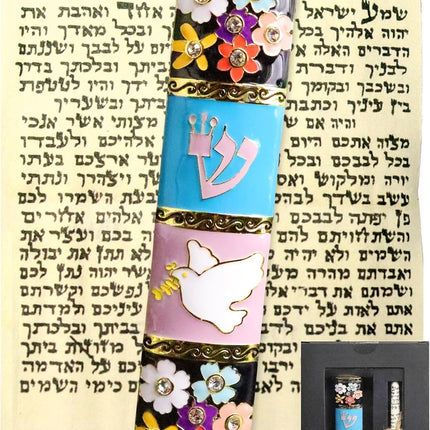 Exquisite Enamel Design Mezuzah with Scroll, Easy Install Use Double-Sided Tape, Dove with an Olive Branch Theme Mezuzah for Door with Crystal Diamond Accent for Any Jewish Occasions, 3.8”