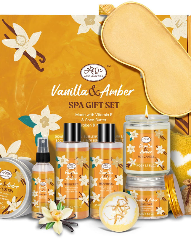 Bath Gift Set for Self Care, 11pcs Luxury Spa Gift Baskets for Women, Home Spa Essential W/ Bubble Bath, Body Lotion, Vanilla Amber Scented Candle, Birthday Gifts for Women, Mothers Day Gifts