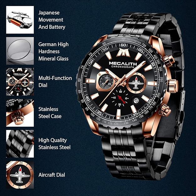 MEGALITH Mens Watches Stainless Steel Waterproof Analog Quartz Fashion Business Casual Chronograph Watch for Men, Auto Date