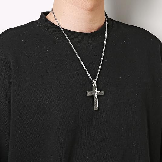 Men's Stainless Steel Jesus Christ Crucifix Cross Lord's Prayer Pendant Necklace