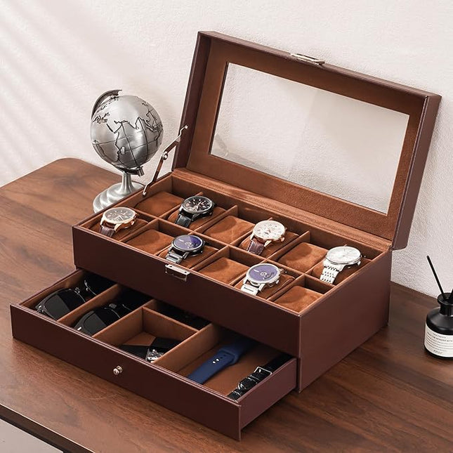 Lolalet Watch Case for Men, 6 Slot Watch Display Case with Clear Glass Lid, 2-Layer Mens Watch Box Watch Holder, 6 Watch Box Organizer, Watch Storage Case With Drawer -Espresso