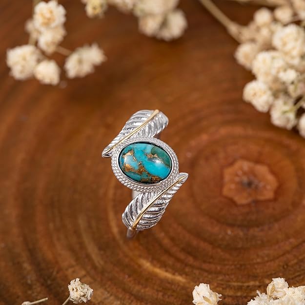 Turquoise Feather Ring 925 Sterling Silver Statement Ring Leaf Stacking Feather Ring Vintage Turquoise Ring for Women Teal Turquoise Jewelry Gifts Size 9