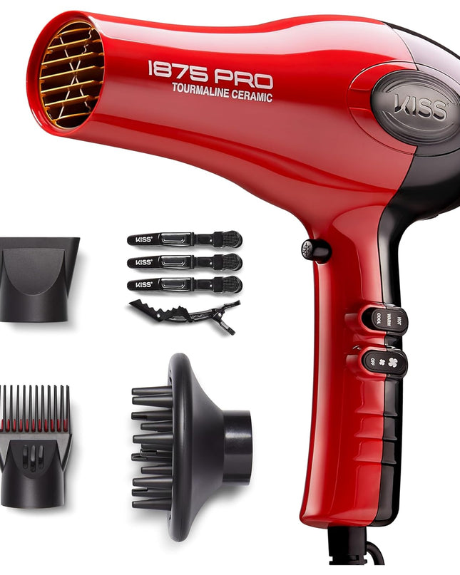 KISS 1875 Watt Pro Tourmaline Ceramic Hair Dryer, Styling Edition, 3 Heat Settings, 2 Speed Settings, Cool Shot Button, 7 Blow Dryer Accessories Included, 2-Year Warranty - Red