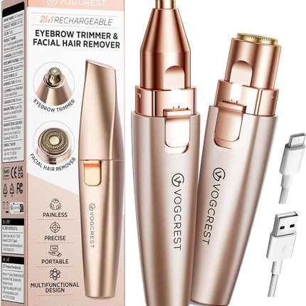 Eyebrow & Facial Trimmer: 2 in1 Rechargeable Facial Hair Removal & Eyebrow Shaver - Body Razor with Built-in LED Light (Rose Gold)
