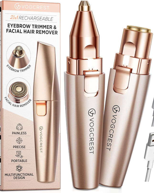 Eyebrow & Facial Trimmer: 2 in1 Rechargeable Facial Hair Removal & Eyebrow Shaver - Body Razor with Built-in LED Light (Rose Gold)
