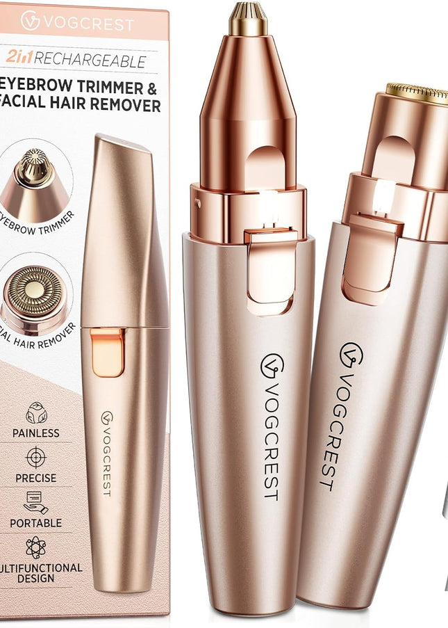 Eyebrow & Facial Trimmer: 2 in1 Rechargeable Facial Hair Removal & Eyebrow Shaver - Body Razor with Built-in LED Light (Rose Gold)