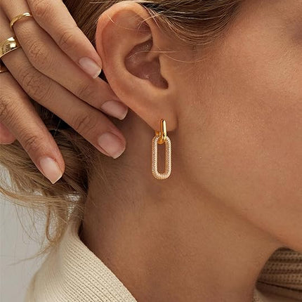 Gold Earrings for Women Trendy, Simple Dainty 14K Gold Plated Paperclip Square Chain Link Dangle Hoops Earrings Pin Stud Huggie Earrings Lightweight Hypoallergenic Minimalist Aesthetic Gold Jewelry for Women Teen Girls Christmas Gifts