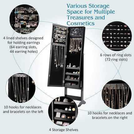 Giantex Jewelry Cabinet with Full-Length Mirror, Standing Jewelry Armoire Organizer with 64 Earring Slots, 72 Ring Slots, 20 Necklace Hooks, 4 Storage Shelves, 3 Angle Adjustable (Black)