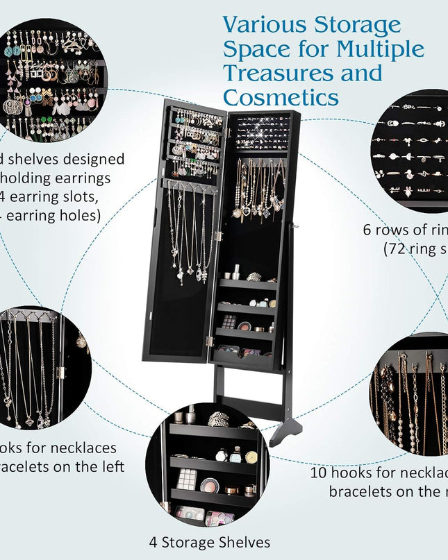 Giantex Jewelry Cabinet with Full-Length Mirror, Standing Jewelry Armoire Organizer with 64 Earring Slots, 72 Ring Slots, 20 Necklace Hooks, 4 Storage Shelves, 3 Angle Adjustable (Black)
