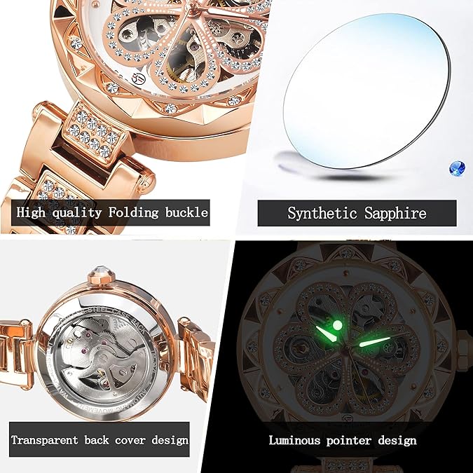 FORSINING Women Automatic Mechanical Watches Skeleton Steampunk Watch with Diamond and Carving Flower Craft Cold Watch for Women Minimalist Retro Design Mechanical Skeleton Wrist Watch Transparent