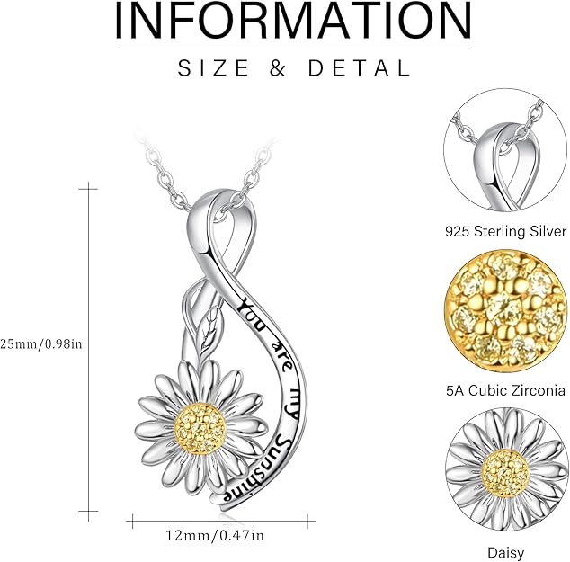 Dreamboat Women's Daisy Jewelry Set 925 Sterling Silver 'You Are My Sunshine' Daisy Pendant Necklace & Stud Earrings Wedding & Birthday Gifts