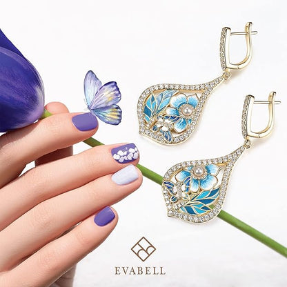 Evabelle Animals Collection-Butterfly Earrings for Women Trendy Pearl Dangle Drop Earrings 14K Gold Plated Enamel Earrings, Cubic Zirconia Earrings for Mother's Day Birthday