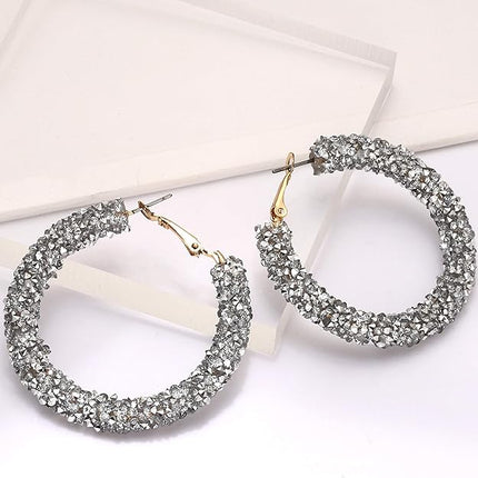 NLCAC Glitter Hoop Earrings Bohemian Sparkle Resin Rhinestone Wrapped Hoop Dangle Earrings for Women