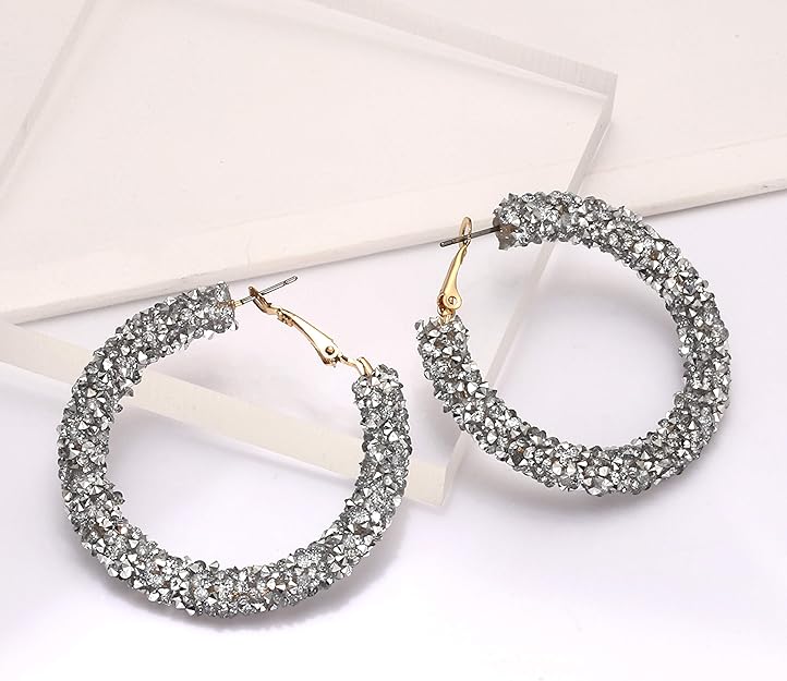 NLCAC Glitter Hoop Earrings Bohemian Sparkle Resin Rhinestone Wrapped Hoop Dangle Earrings for Women