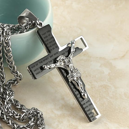 HZMAN Men's Stainless Steel Cross Crucifix Bible Prayer Pendant Necklace 22+2" Chain