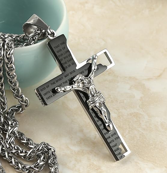 HZMAN Men's Stainless Steel Cross Crucifix Bible Prayer Pendant Necklace 22+2" Chain