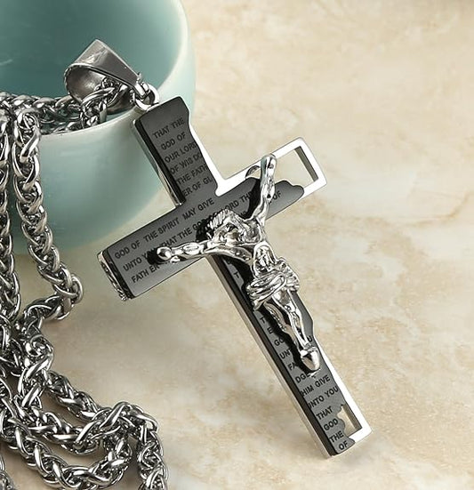 HZMAN Men's Stainless Steel Cross Crucifix Bible Prayer Pendant Necklace 22+2" Chain