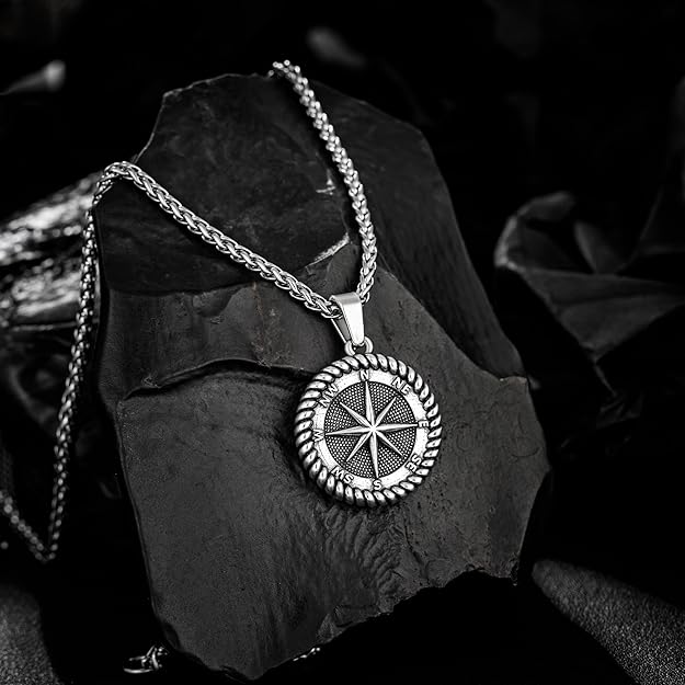 murtoo Compass Necklace for Men Women, Stainless Steel Necklace with Compass Coin Pendant, Gold Silver Mens Necklace Gift Ideal