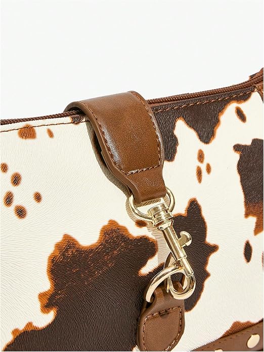 Y2k Western Cowgirl Shoulder Bag Rivet Animal Print Bag Zipper Faux Pu Leather Clutch Purse Vintage Handbag