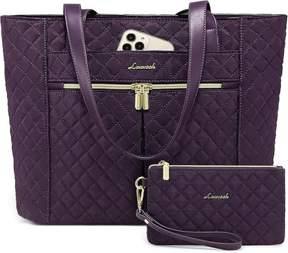 LOVEVOOK Laptop Bag for Women 15.6 inch,Diamond Quilted Work Tote Bags Womens Laptop Tote Bag Computer Shoulder Bags,Stylish Travel Tote Bags Laptop Purse Briefcase Handbag with Clutch Purse,Purple