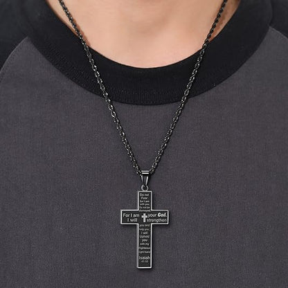 Bible Verse Cross Necklace for Men, Stainless Steel Cross Pendant Rope Chain Necklace Gifts for Boys