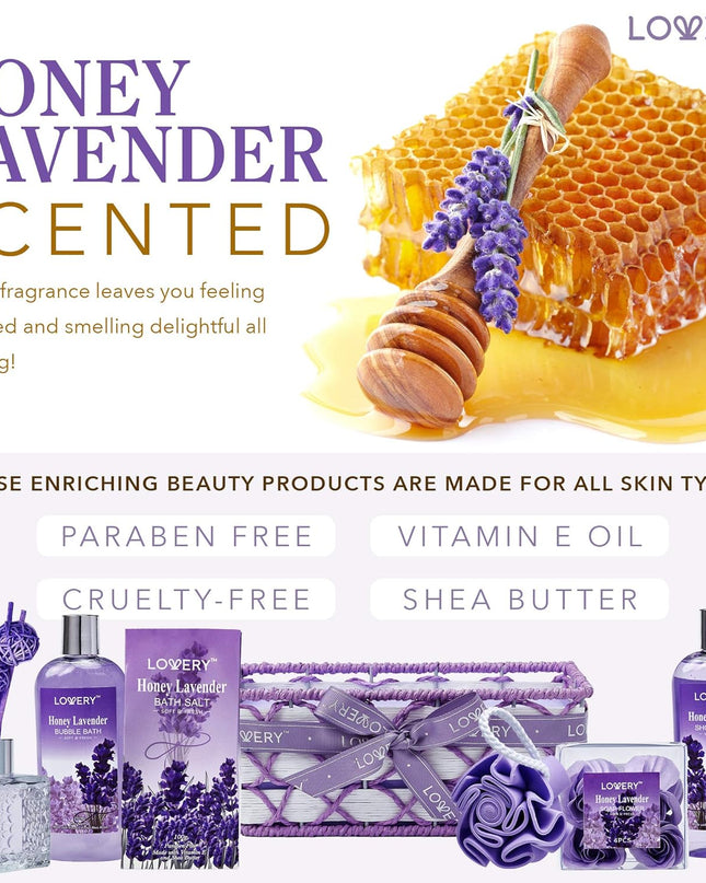 Christmas Gifts, Bath and Body Gift Basket For Women and Men, Honey Lavender Home Spa Set with Essential Oil Diffuser, Soap Flowers, Bath Salts, Bubble Bath and More - 13 Pc Set Presents for Mom