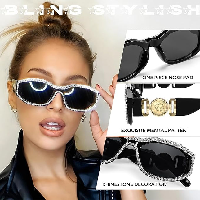 FEISEDY Rectangle Rhinestone Sunglasses for Women Men Bling Jeweled Retro Square Sunglasses 90s Vintage Shades B0091