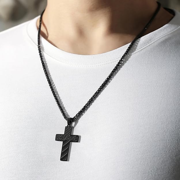 DuoDiner 24 Inch Cross Necklace for Men Boys Kids Bible Verse American Flag Pendant Baptism Religious First Communion Jewelry Christmas Gift