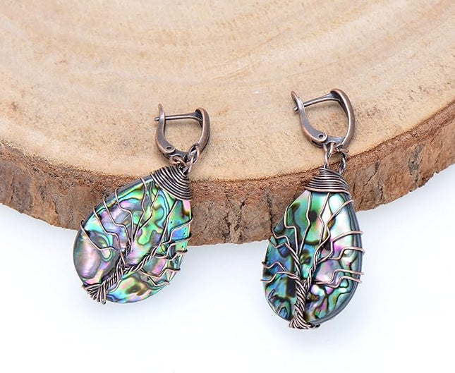 Bronze Copper Wired Sea Abalone Shell Tree of Life Earrings for Women, Vintage Latch Backs
