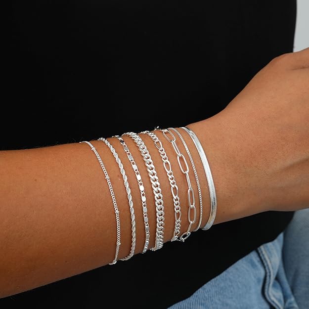 Kyerlyn Silver Gold Bracelets for Women Waterproof, 14K Real Gold Jewelry Sets for Women Trendy Dainty Stackable Cuban Link Paperclip Chain Bracelet