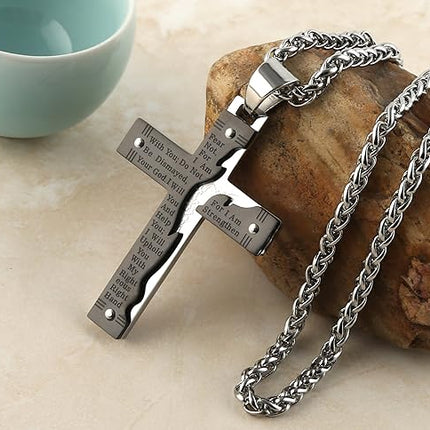 Men's Stainless Steel Jesus Christ Crucifix Cross Lord's Prayer Pendant Necklace