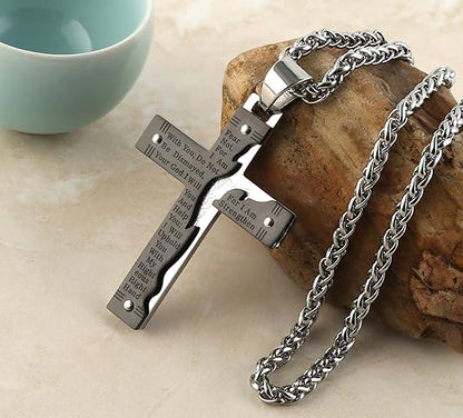 Men's Stainless Steel Jesus Christ Crucifix Cross Lord's Prayer Pendant Necklace