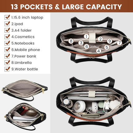 LOVEVOOK Laptop Bag for Women 15.6 inch,Diamond Quilted Work Tote Bags Womens Laptop Computer Shoulder Bags,Stylish Travel Tote Bags Laptop Purse Briefcase Handbag with Clutch Purse,Brown-Black-White