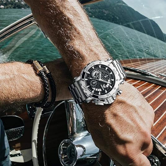 NEKTOM Watches for Men with Stainless Steel, Quartz Analog Watch with Date, Luxury Minimalist Dress Mens Watches, Chronograph Watch, 3ATM Waterproof, Black Wristwatch, Gifts for Men