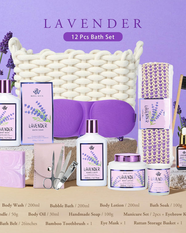 Bath and Body Gift For Women and Men - Lavender Home Spa Gift Set,Mug,Shower Gel,Bubble Bath,Lotion,Bath Bombs,Eye Mask,Manucure Set, Bath Belt, Body Oil,Bath Soak,Lip Balm,Soy Candle For Daily Use