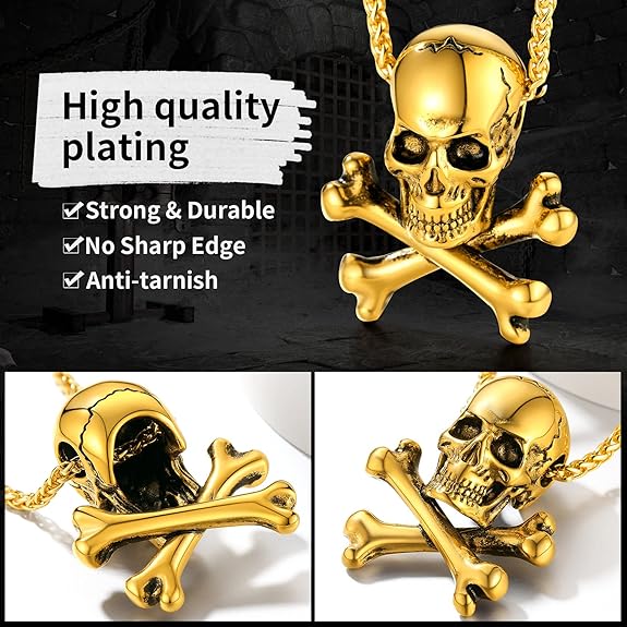 ChainsHouse Skull Necklace for Men, Retro Gothic Punk Jewelry Biker Necklace for Men Women Free Engraving Stainless Steel Dog Tag Pendant Necklace ,with Gift Box