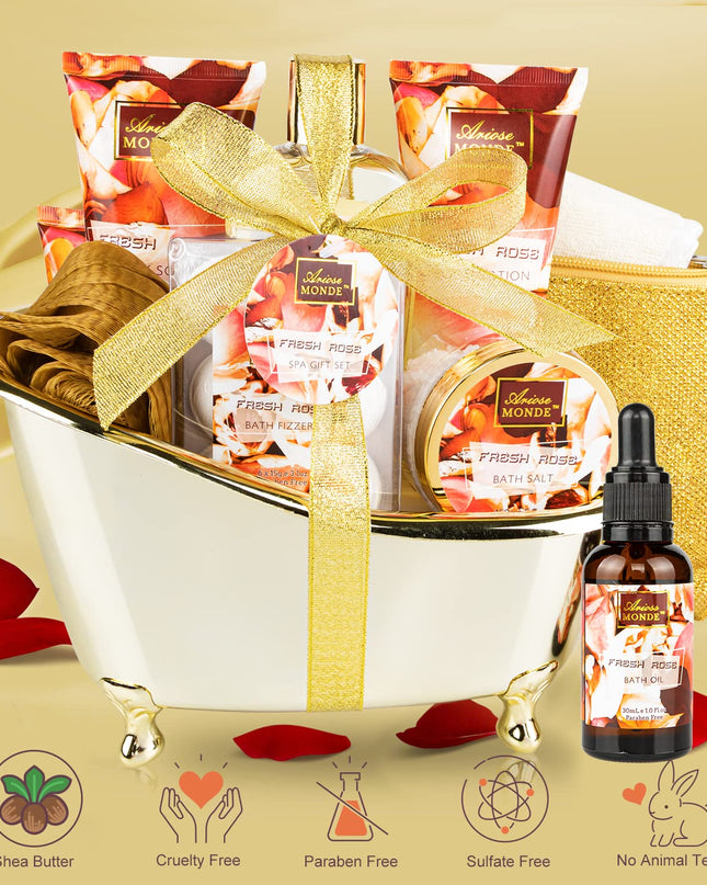 Bath and Body Gift Set for Women & Men, 10 Pcs Spa Gift Basket with Fresh Rose Scent, Includes Shower Gel, Bubble Bath, Body Lotion and Scrub, Bath Salt, Bath Bombs, Bath Puff, Bath Oil