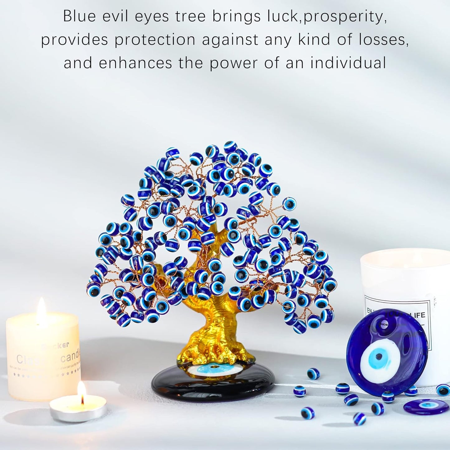 YU FENG 6.8inch Turkish Nazar Blue Evil Eye Tree, Evil Eye Coaster Tree for Protection Good Luck Prosperity Gift Showpiece for Home Table Office Decor