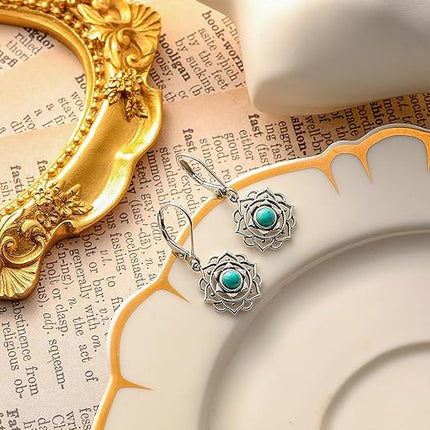 Turquoise Flower Earrings for Women 925 Sterling Silver Dangle Drop Earrings Round/Oval/Marquise Shape Turquoise Earring Push Back/Leverback